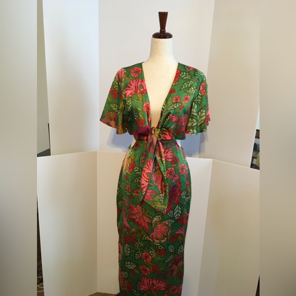 Sugar lips Floral Cut Out Tie-Front Green Midi Dress